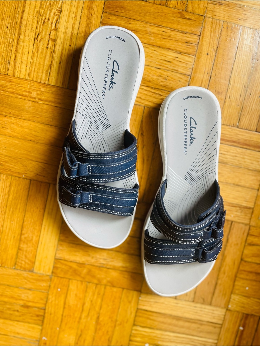 Clarks Cloudsteppers CushionSoft Breeze Sea Navy Double Strap Slide Sandal US 7